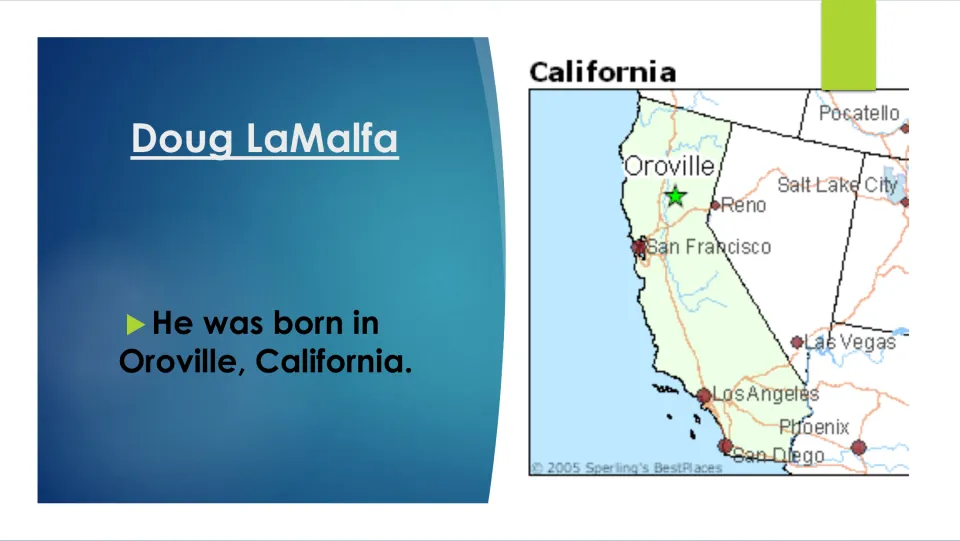 Biography slide naming Oroville, California, as Doug LaMalfa’s birthplace, with a map marking Oroville