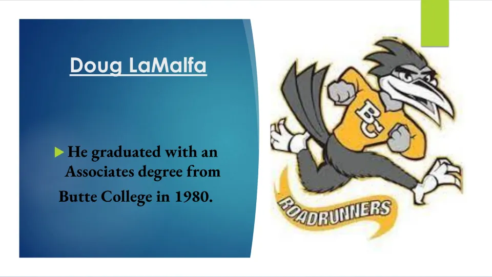 Education slide stating that Doug LaMalfa graduated from Butte College with an associate’s degree in 1980