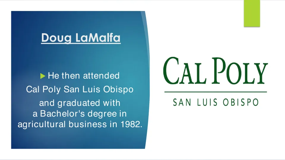 Education slide noting Doug LaMalfa’s 1982 bachelor’s degree in agricultural business from Cal Poly