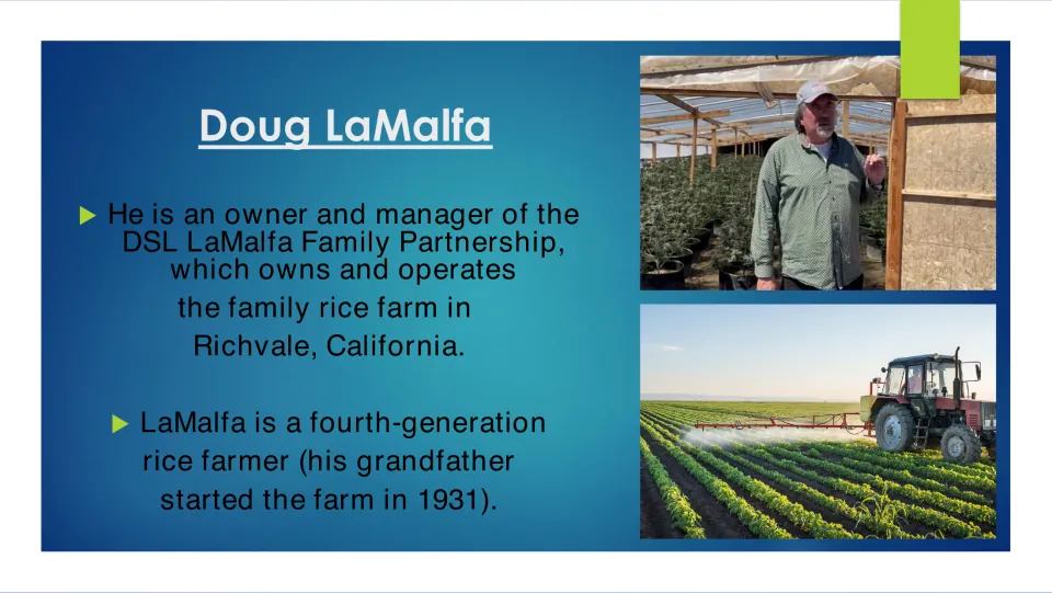 Farming career slide describing Doug LaMalfa’s family rice farm in Richvale and fourth-generation farming