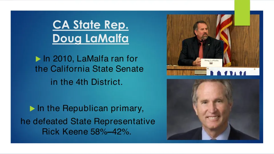 Political career slide covering LaMalfa’s 2010 state Senate race and 58%–42% primary win over Rick Keene