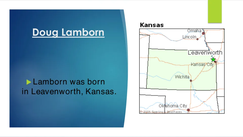 Biography slide stating Doug Lamborn was born in Leavenworth, Kansas, with a map marking his birthplace