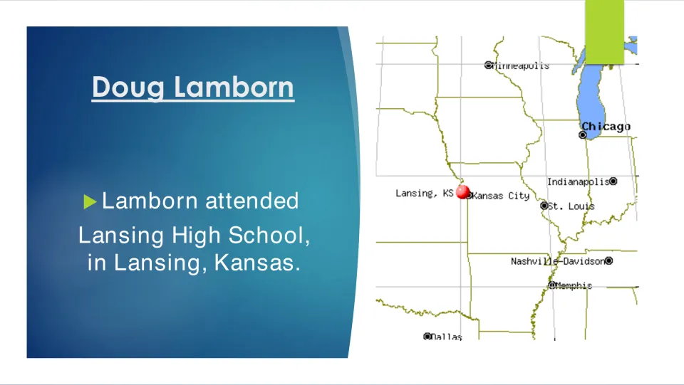Biography slide naming Lansing High School in Lansing, Kansas, as Doug Lamborn’s school, with a location map