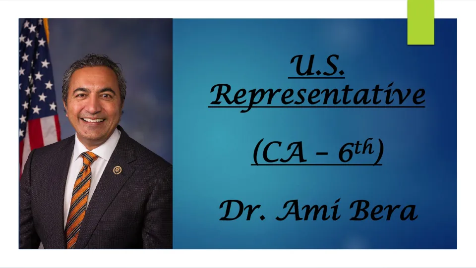 Biography presentation cover introducing Dr. Ami Bera as U.S. Representative for California’s 6th district