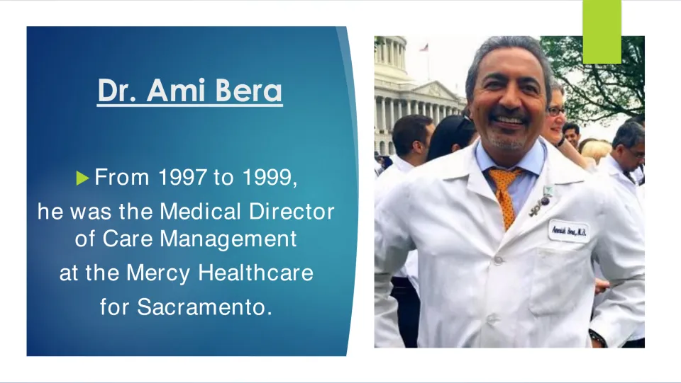 Biography slide describing Bera’s 1997–1999 role as Medical Director of Care Management at Mercy Healthcare