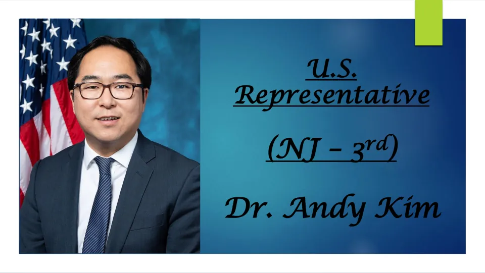 Biography presentation cover titled 'U.S. Representative (NJ – 3rd) Dr. Andy Kim' with his portrait
