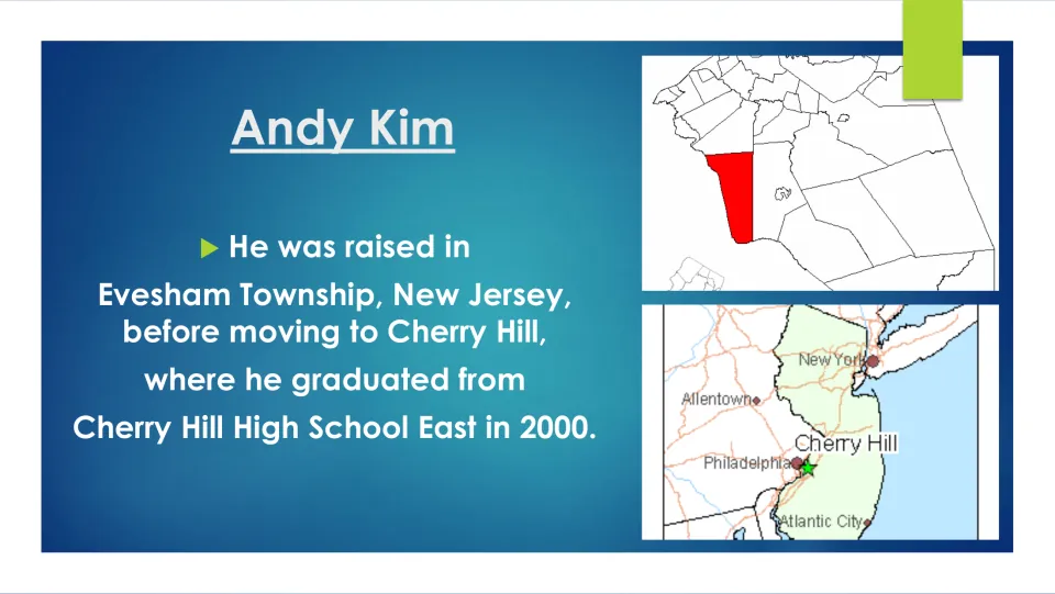 Biography slide tracing Kim's New Jersey upbringing and graduation from Cherry Hill High School East in 2000