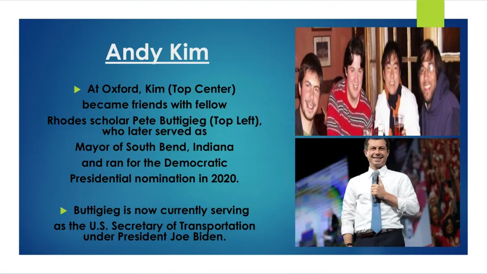 Biography slide on Kim's Oxford friendship with Pete Buttigieg, with text about Buttigieg's political career