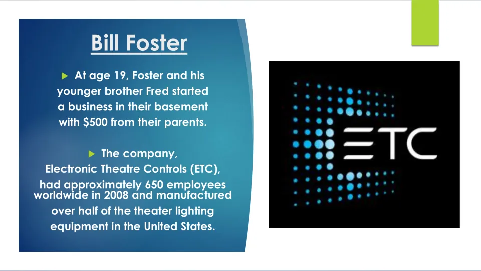 Biography slide on Bill and Fred Foster starting Electronic Theatre Controls with $500 from their parents