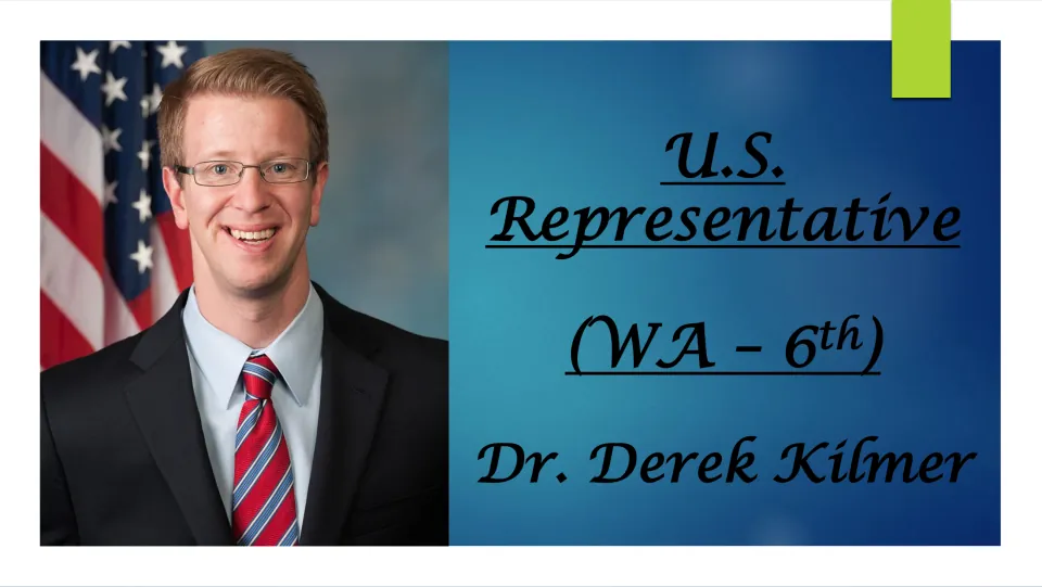 Biography presentation cover introducing Dr. Derek Kilmer as U.S. representative for Washington’s 6th district