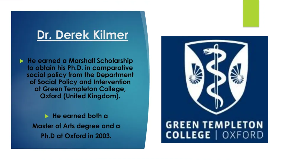 Education slide describing Kilmer’s Marshall Scholarship and Oxford graduate studies in comparative social policy