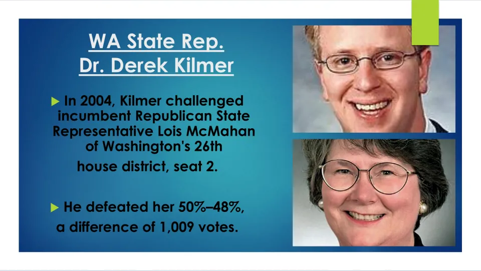 State House election slide covering Kilmer’s 2004 challenge to Lois McMahan and victory by 1,009 votes