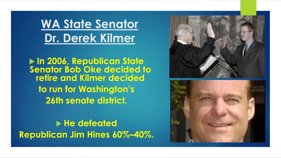 State Senate election slide covering Bob Oke’s retirement and Kilmer’s 2006 victory over Jim Hines, 60%–40%