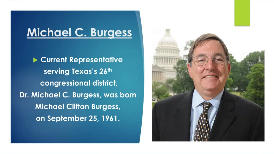 Biography slide naming Michael Clifton Burgess and listing his birth date as September 25, 1961