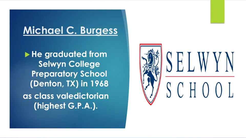 Biography slide describing Burgess's 1968 graduation as valedictorian of Selwyn College Preparatory School