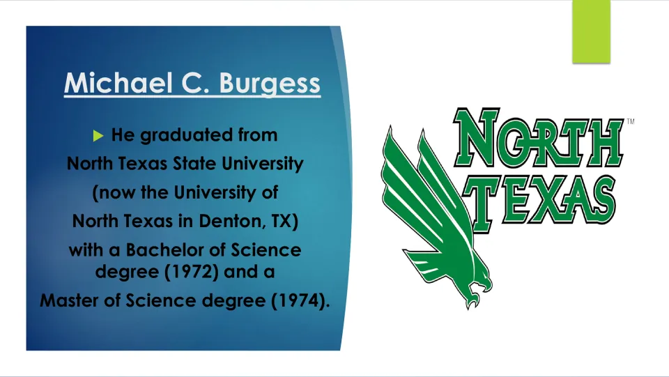 Biography slide listing Burgess's North Texas State University degrees: B.S. in 1972 and M.S. in 1974