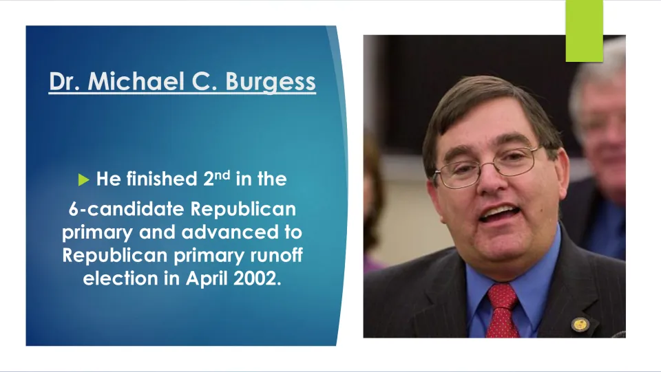 Biography slide noting Burgess placed second in a six-candidate Republican primary and advanced to a runoff