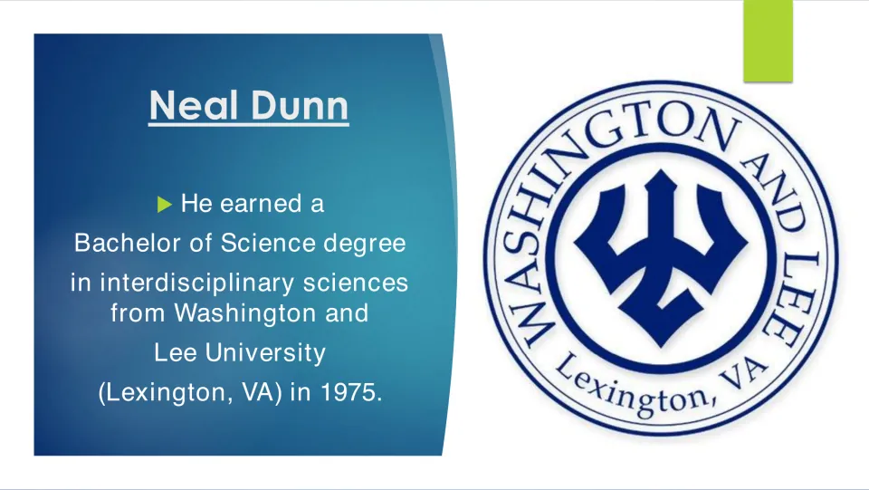 Education slide detailing Dunn's 1975 Bachelor of Science in interdisciplinary sciences at Washington and Lee