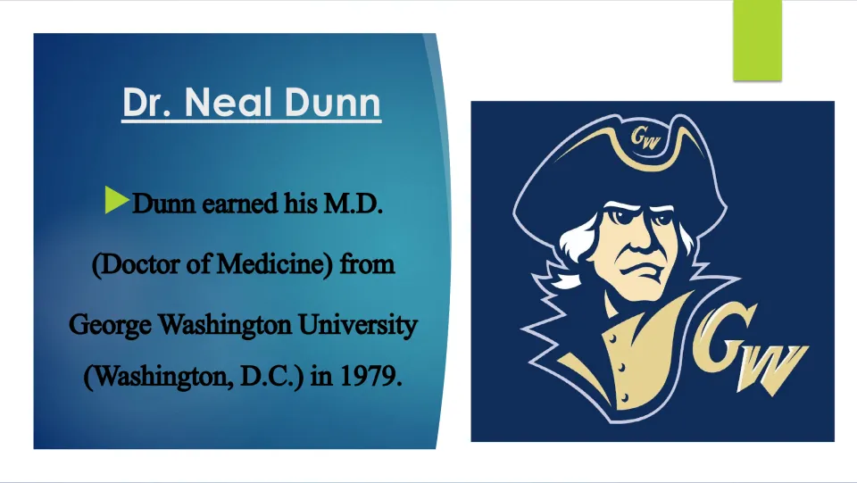 Medical education slide stating that Dunn earned his M.D. from George Washington University in 1979