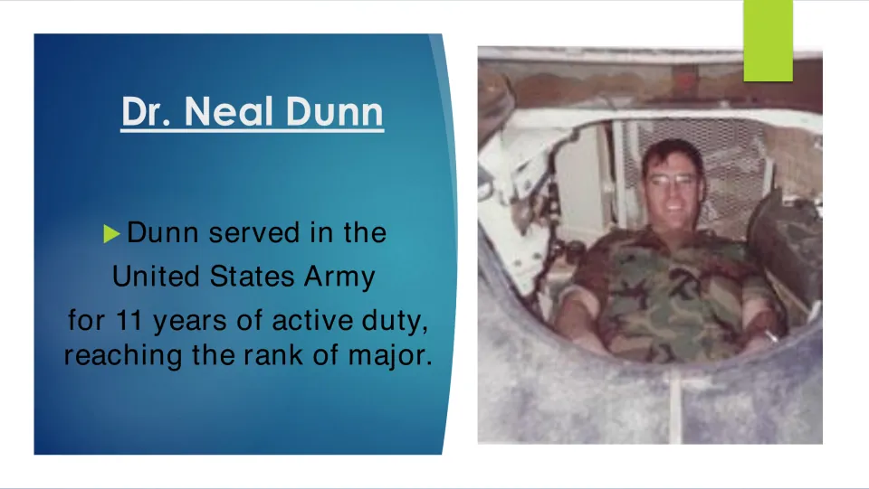 Army service slide stating that Dunn served 11 years on active duty and reached the rank of major