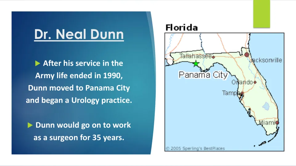 Medical career slide covering Dunn's 1990 move to Panama City, urology practice, and 35 years as a surgeon