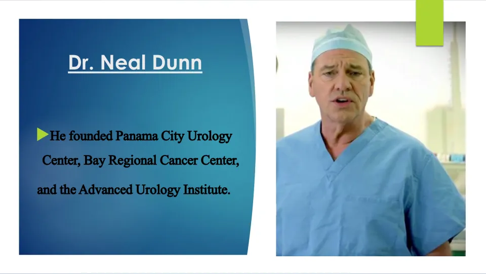 Career slide naming Dunn's Panama City Urology Center, Bay Regional Cancer Center, and Advanced Urology Institute