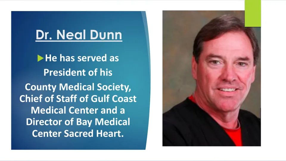 Medical leadership slide listing Dunn's roles as county medical society president, chief of staff, and director