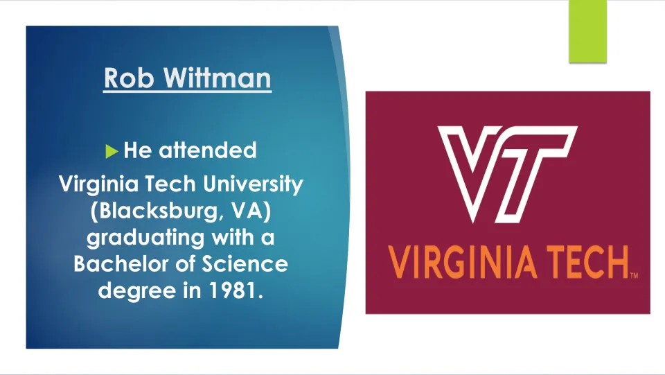 Education slide stating that Rob Wittman graduated from Virginia Tech in 1981 with a Bachelor of Science degree