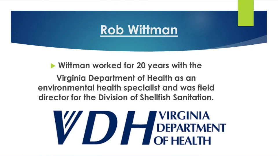 Career slide covering Wittman's 20 years at the Virginia Department of Health and shellfish sanitation work