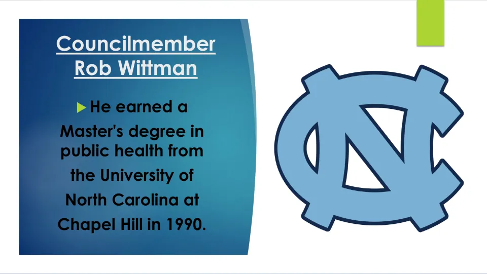 Education slide stating that Wittman earned a master's in public health at UNC Chapel Hill in 1990