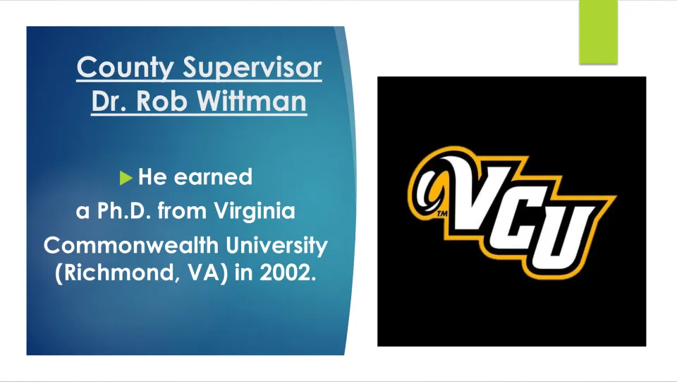 Education slide stating that Rob Wittman earned a Ph.D. from Virginia Commonwealth University in 2002