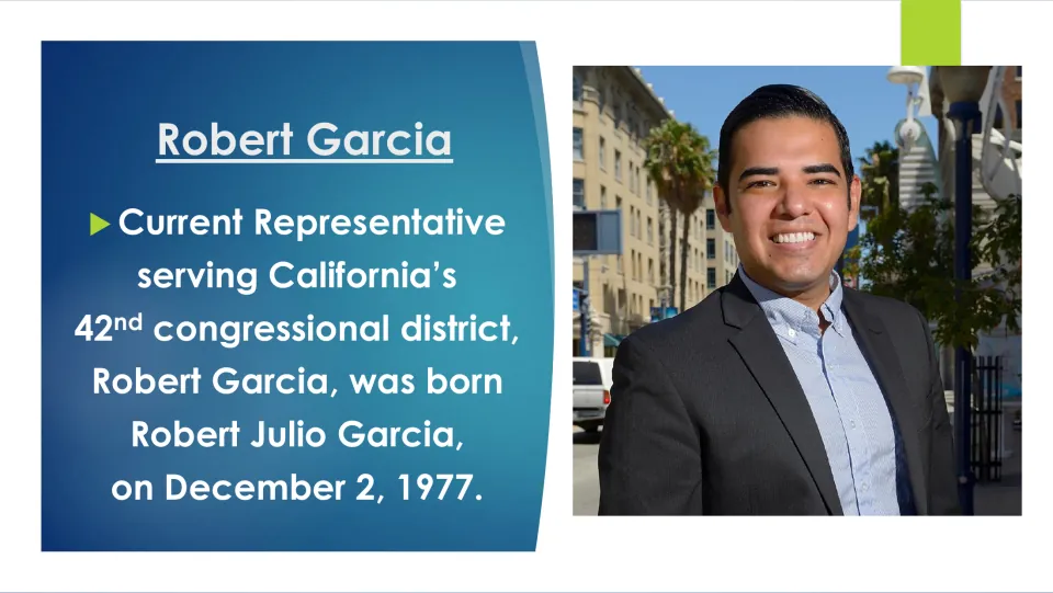 Robert Garcia intro slide: current representative for California's 42nd district, born Robert Julio Garcia on Dec. 2, 1977
