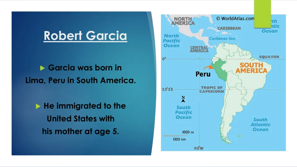 Garcia's early life: born in Lima, Peru and immigrated to the U.S. with his mother at age 5, shown on a South America map