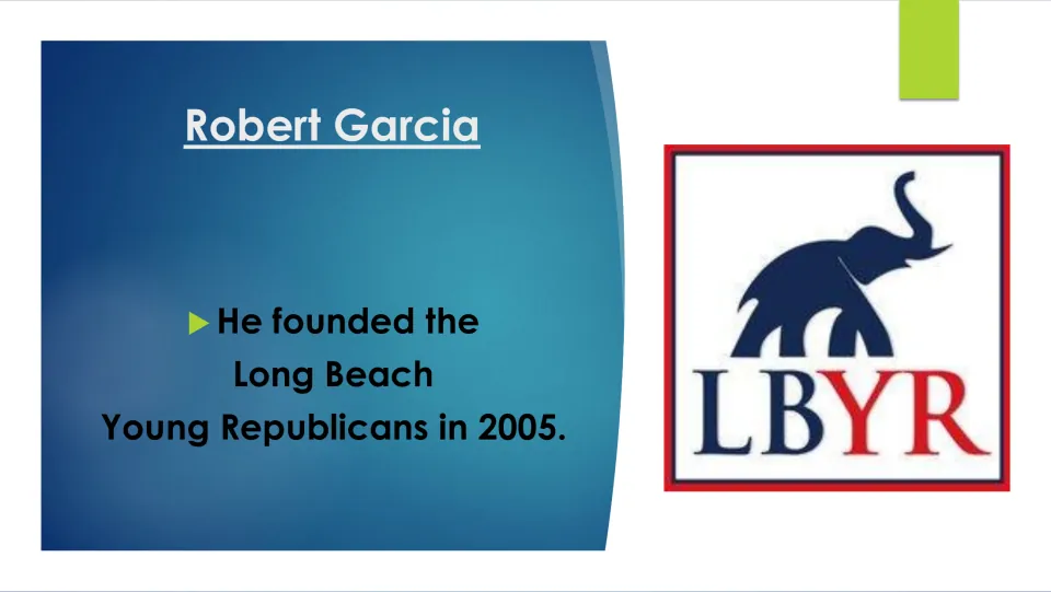 Garcia founded the Long Beach Young Republicans in 2005; shown with the LBYR elephant logo