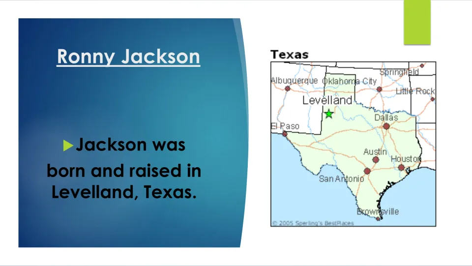 Early-life biography slide stating Jackson was born and raised in Levelland, Texas, with a location map