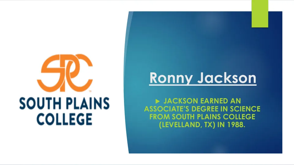 Education biography slide recording Jackson’s 1988 associate’s degree in science from South Plains College