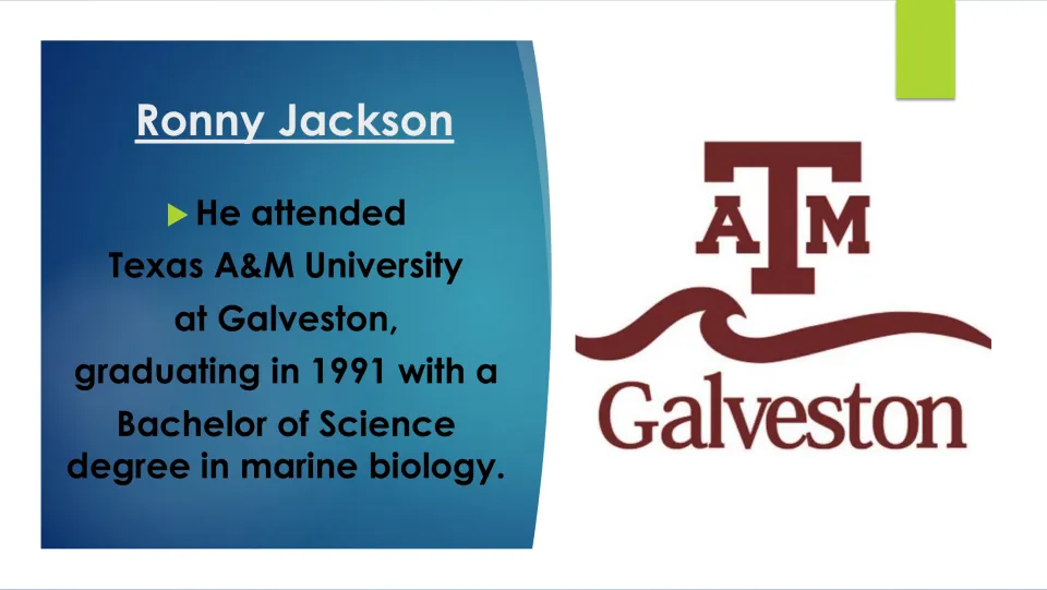 Education biography slide detailing Jackson’s 1991 marine biology bachelor’s degree at Texas A&M in Galveston