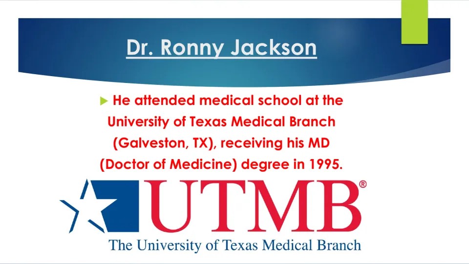 Medical education biography slide identifying Jackson’s 1995 MD from the University of Texas Medical Branch