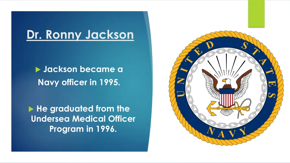 Navy biography slide listing Jackson’s 1995 officer appointment and 1996 Undersea Medical Officer graduation