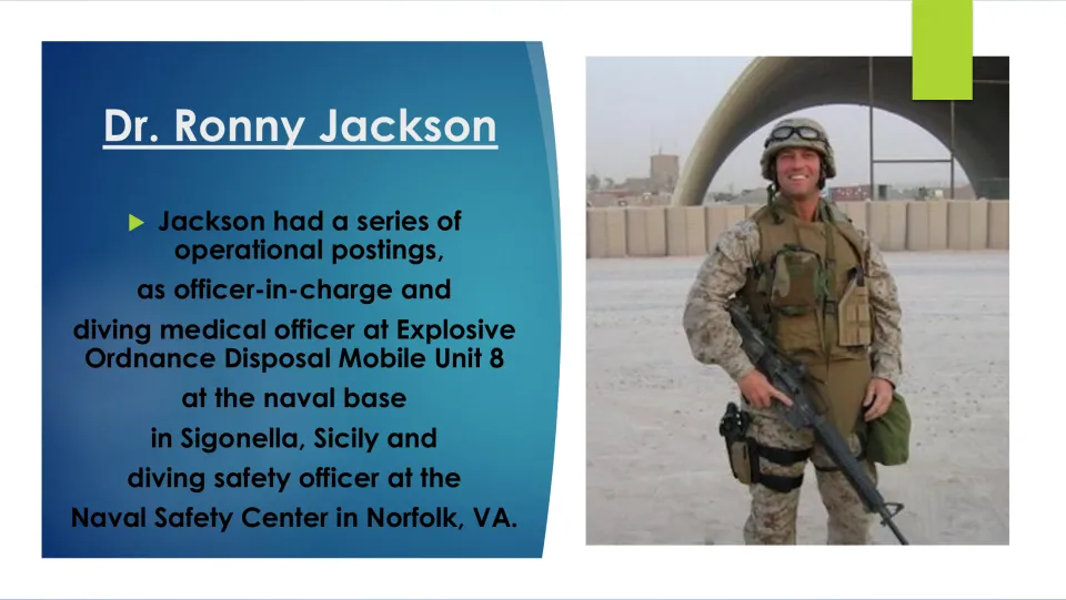 Navy career biography slide describing Jackson’s diving medical and safety postings in Sicily and Norfolk