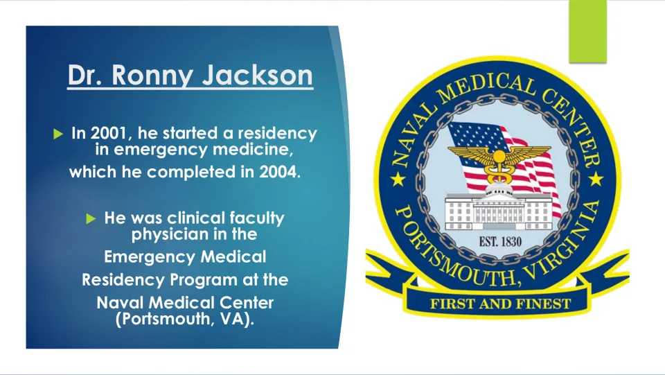 Medical career biography slide covering Jackson’s 2001–2004 emergency medicine residency and faculty role