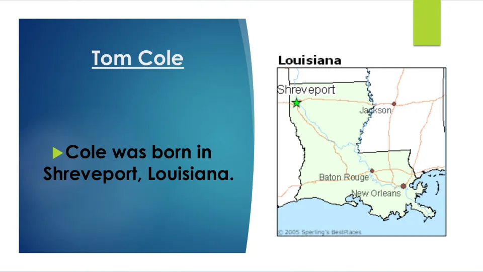 Biography slide naming Shreveport, Louisiana, as Tom Cole’s birthplace, with a map marking the city