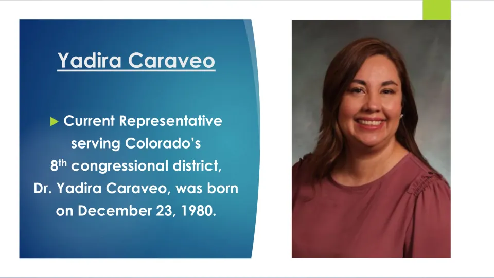 Biography slide introducing Yadira Caraveo’s congressional district and December 23, 1980, birthdate