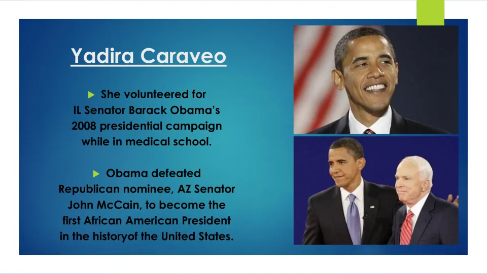 Biography slide on Caraveo’s volunteer work for Obama’s 2008 campaign and his election victory over McCain
