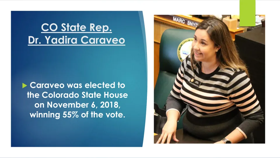 Political career slide recording Caraveo’s November 6, 2018, Colorado State House win with 55% of the vote