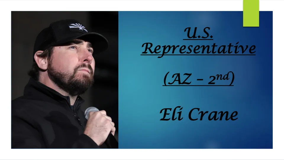 Title slide for a biography presentation on Eli Crane, U.S. Representative for Arizona's 2nd district, beside his photo