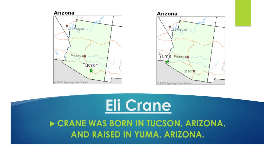 Crane's Arizona roots: two state maps star Tucson, where he was born, and Yuma, where he was raised, for place locating