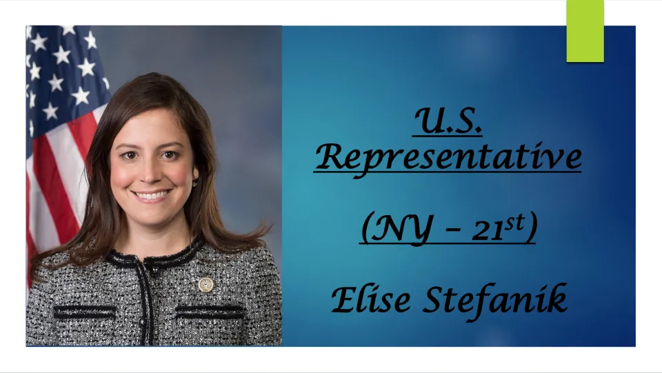 Biography presentation cover identifying Elise Stefanik as U.S. Representative for New York’s 21st district