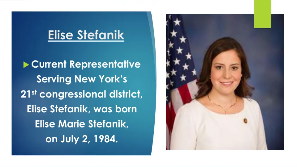 Biography slide introducing Elise Marie Stefanik, born July 2, 1984, and her New York congressional district