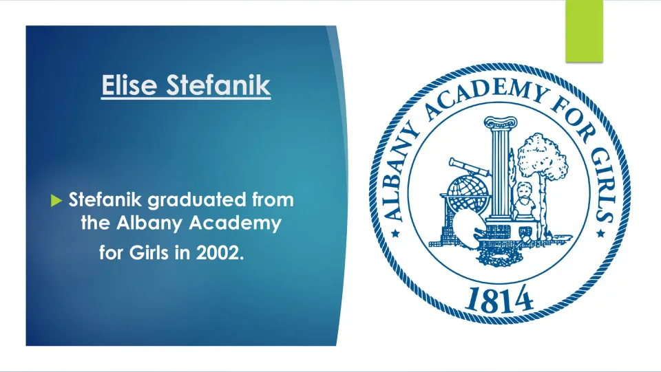 Education slide stating that Elise Stefanik graduated from the Albany Academy for Girls in 2002